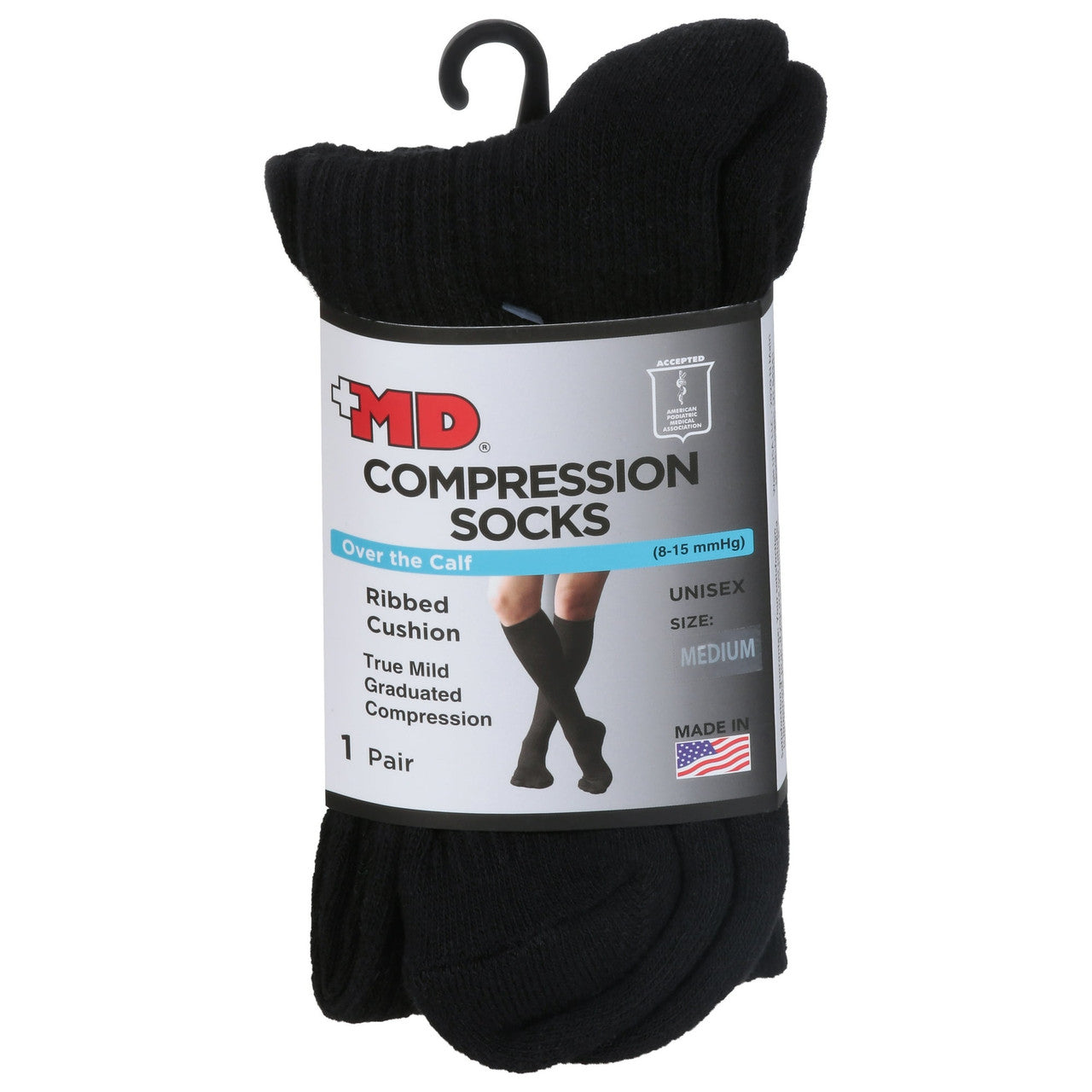 Md Ribbed Cushion Over The Calf Compression Black Socks Medium, 1 Ea